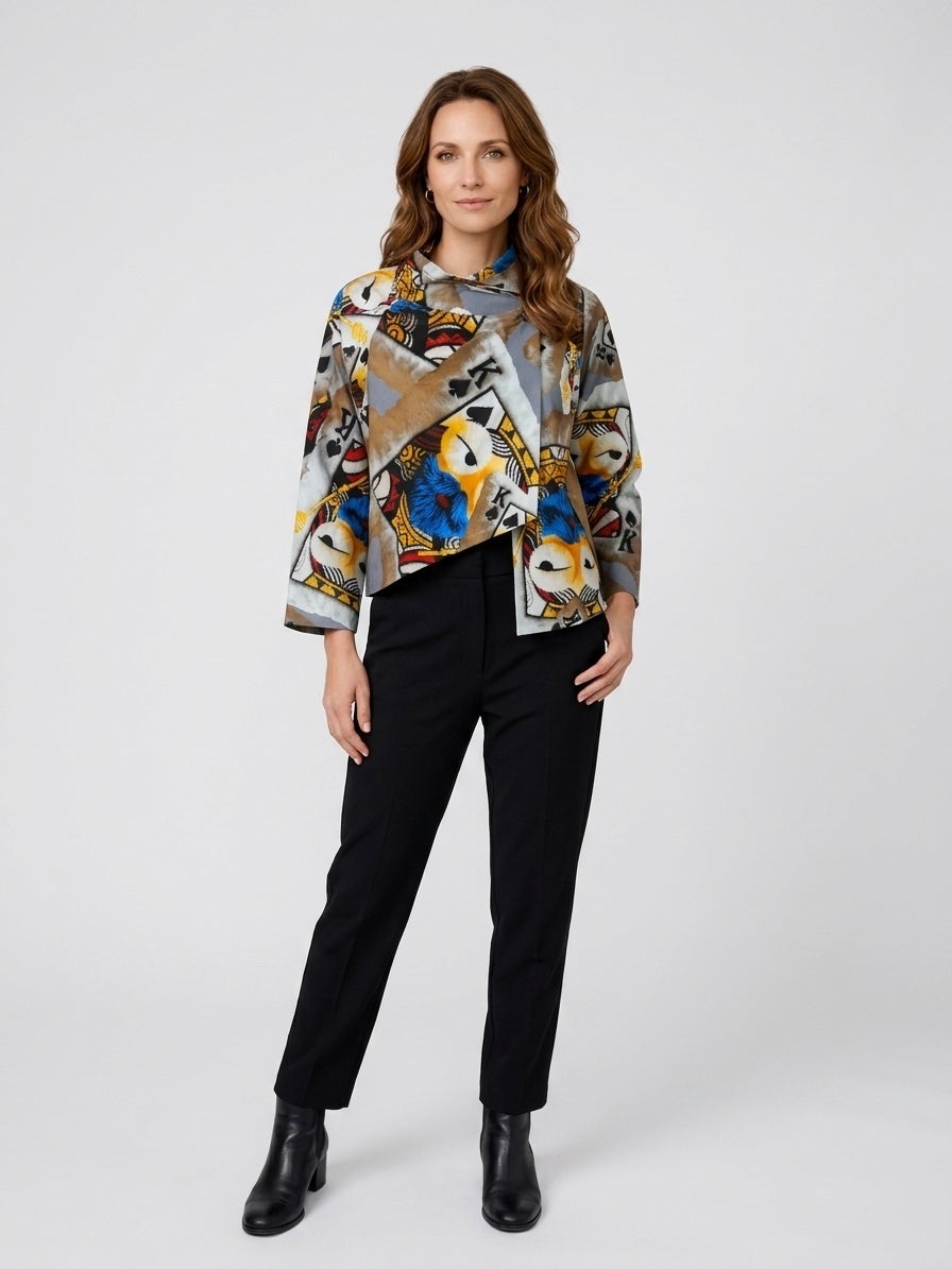 Geometric Print Draped Neckline Blouse - Light Gray