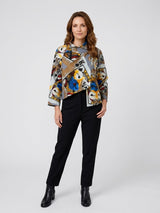 Geometric Print Draped Neckline Blouse - Light Gray