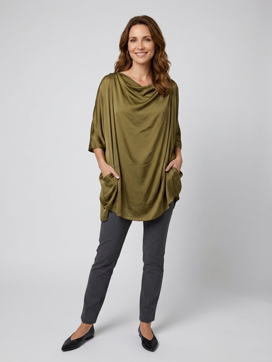 Cowl Neck Drape Tunic - Khaki Green