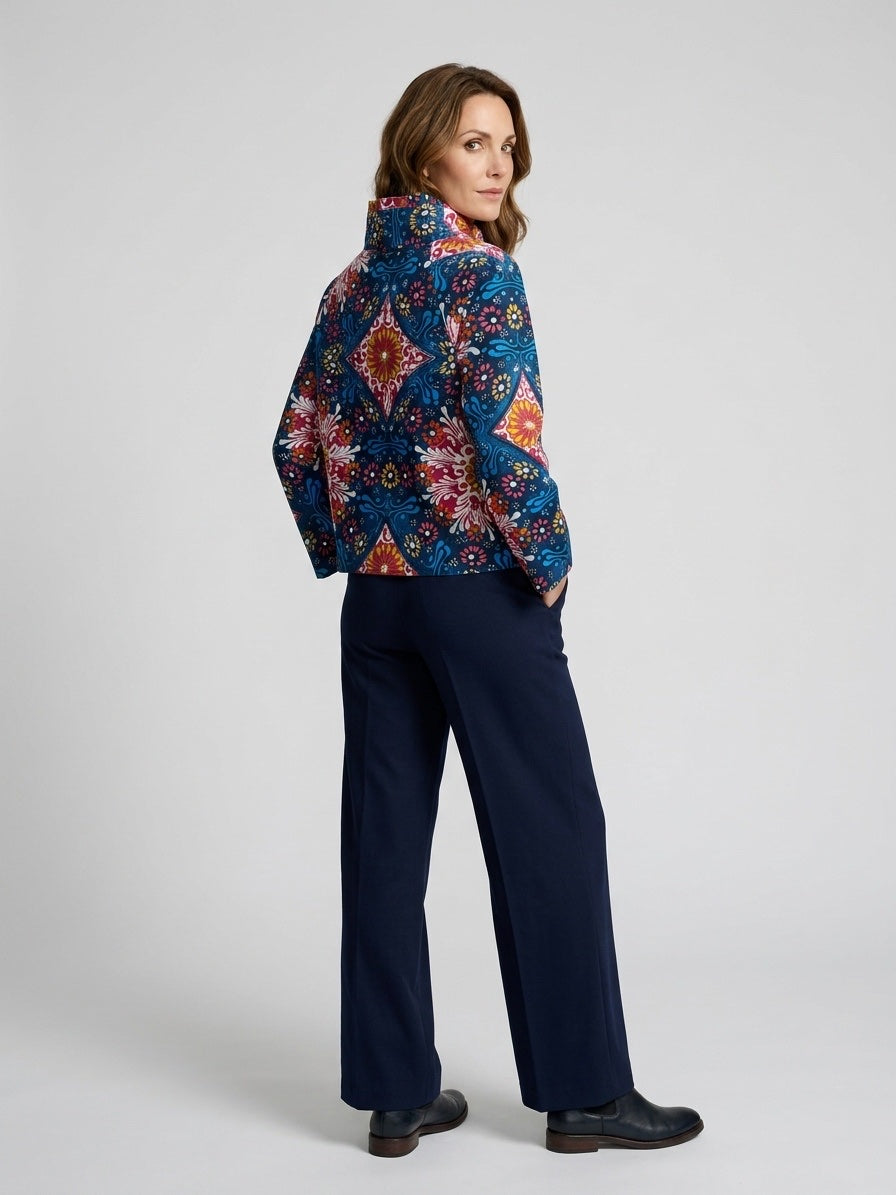 Floral Print Asymmetrical Collar Jacket - Blue (2)