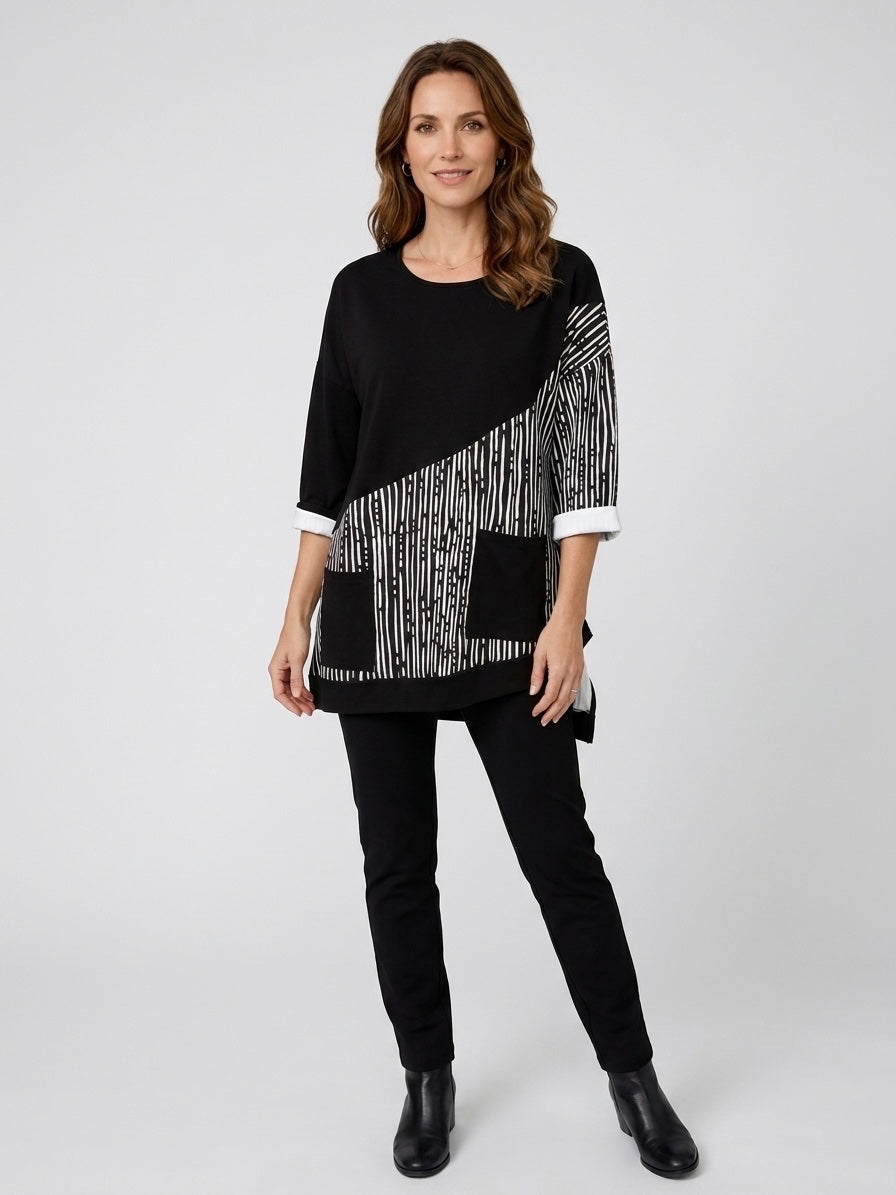 Abstract Stripe Panel Tunic Top - Black