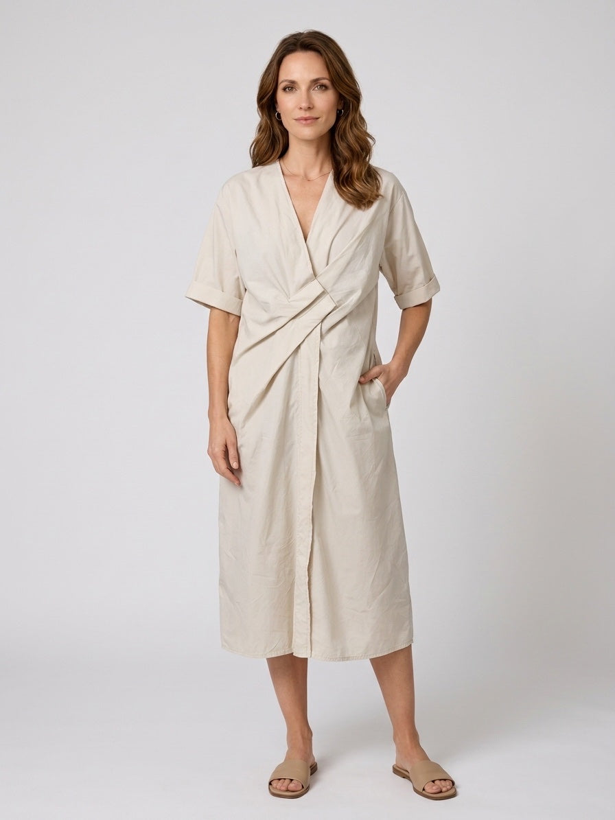 Wrap Bodice Midi Dress - Beige