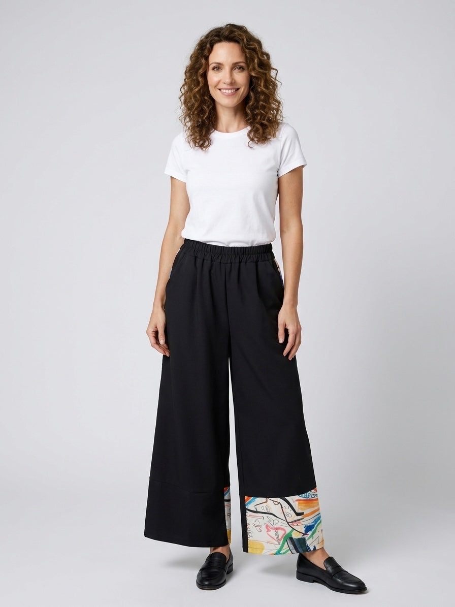 Wide-Leg Trousers with Abstract Hem Print - Black