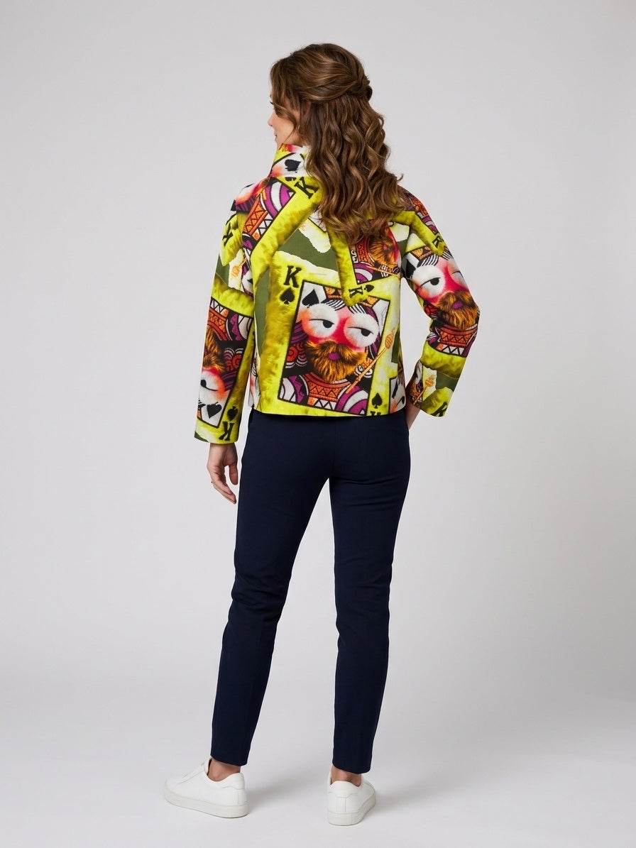 Artistic Print Asymmetric Collar Jacket - Lime (2)