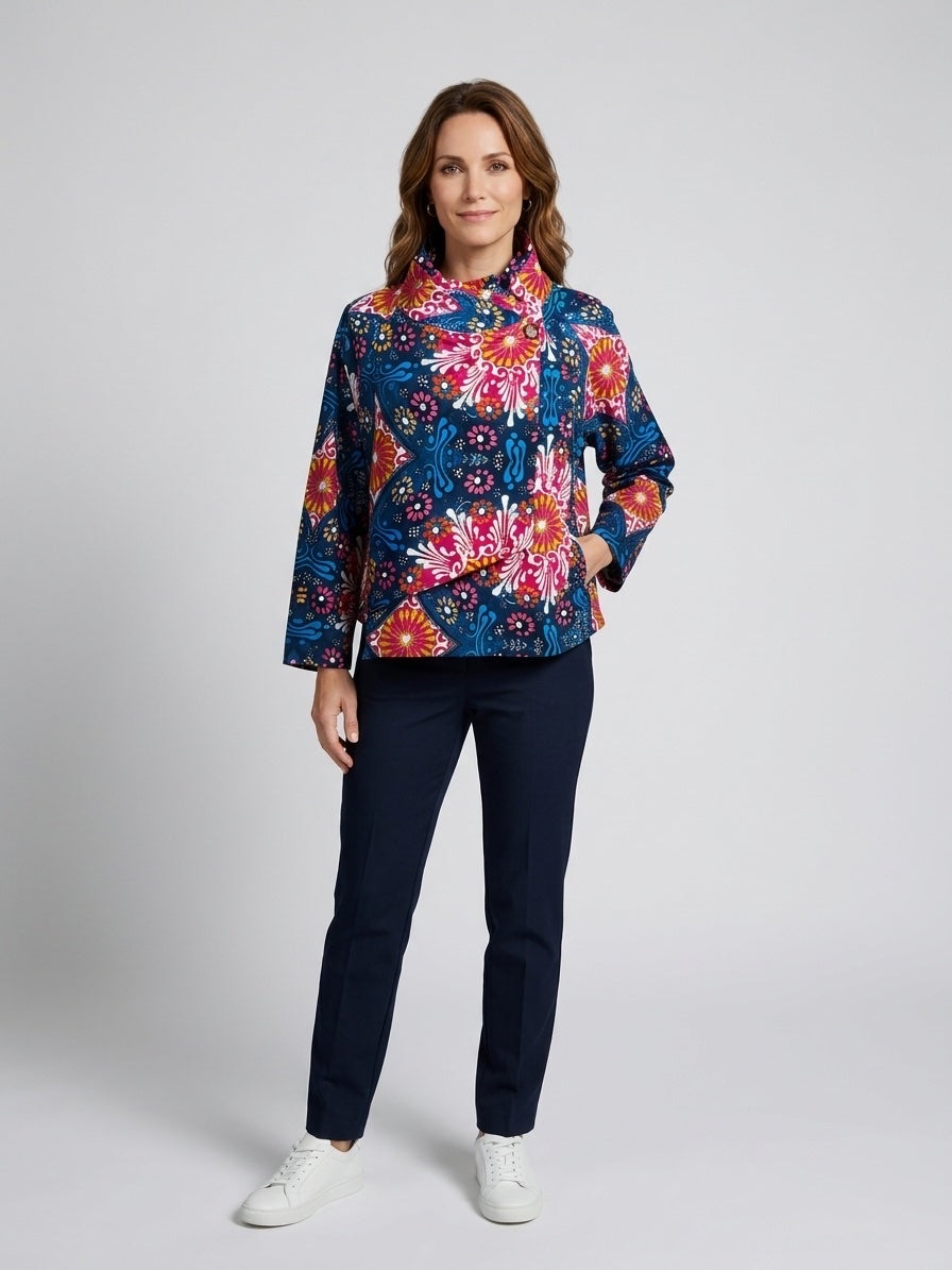 Floral Print Asymmetrical Collar Jacket - Blue