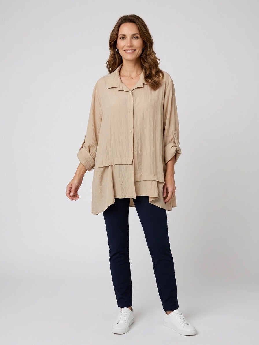 Textured Layered Tunic Shirt - Beige