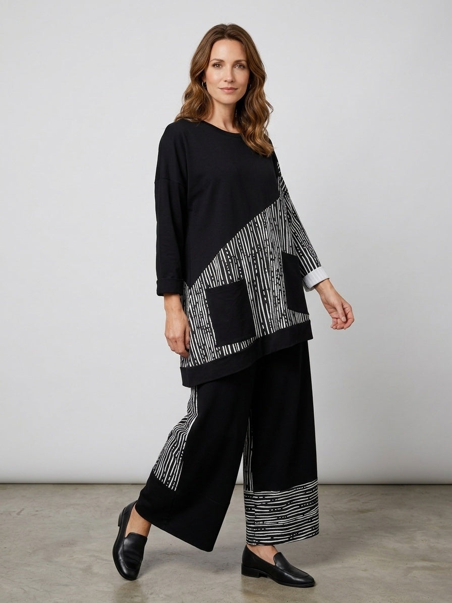 Abstract Graphic Print Full Set Wide-Leg Trousers - Black