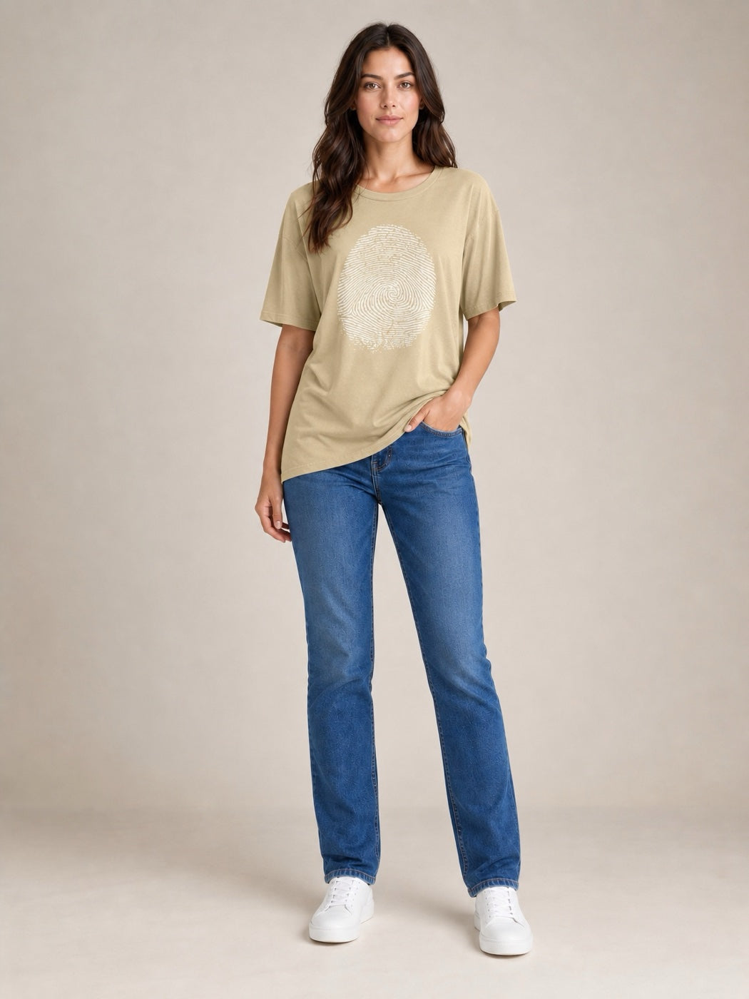 T-Shirt With Fingerprint Graphic - Beige