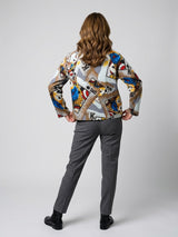 Geometric Print Draped Neckline Blouse - Light Gray (2)