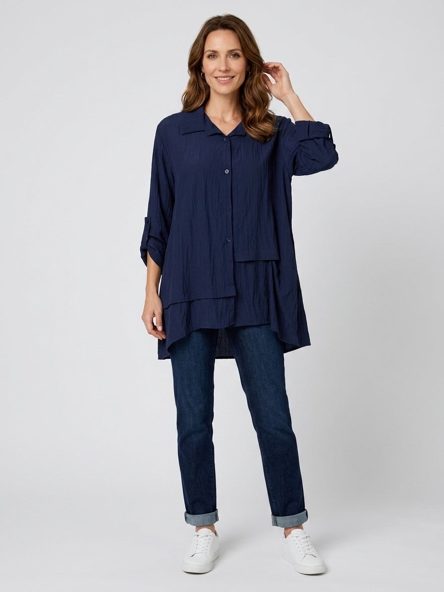 Textured Layered Tunic Shirt - Navy Blue