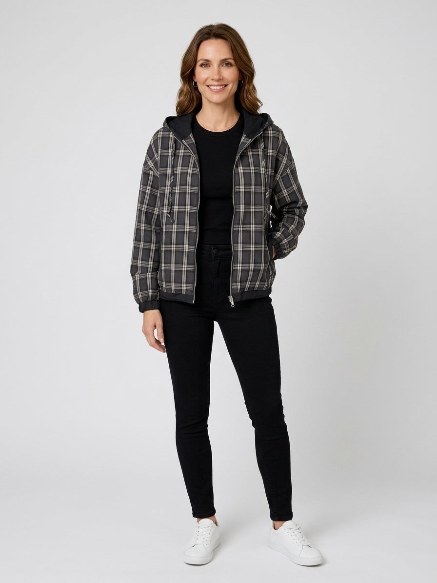 Check Hooded Jacket - Charcoal