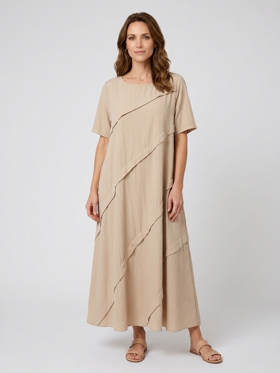 Asymmetric Layered Midi Dress - Beige
