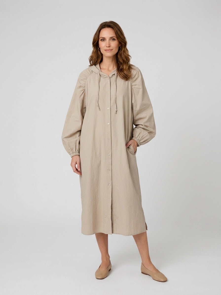 Drawstring Hood Midi Dress - Beige
