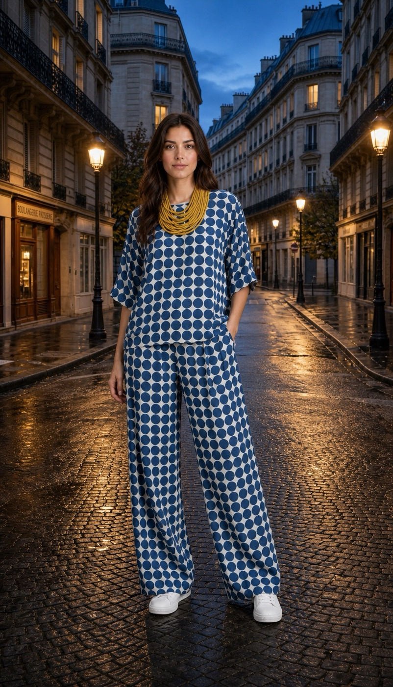 Polka Dot Top and Wide-Leg Trouser Set - Blue