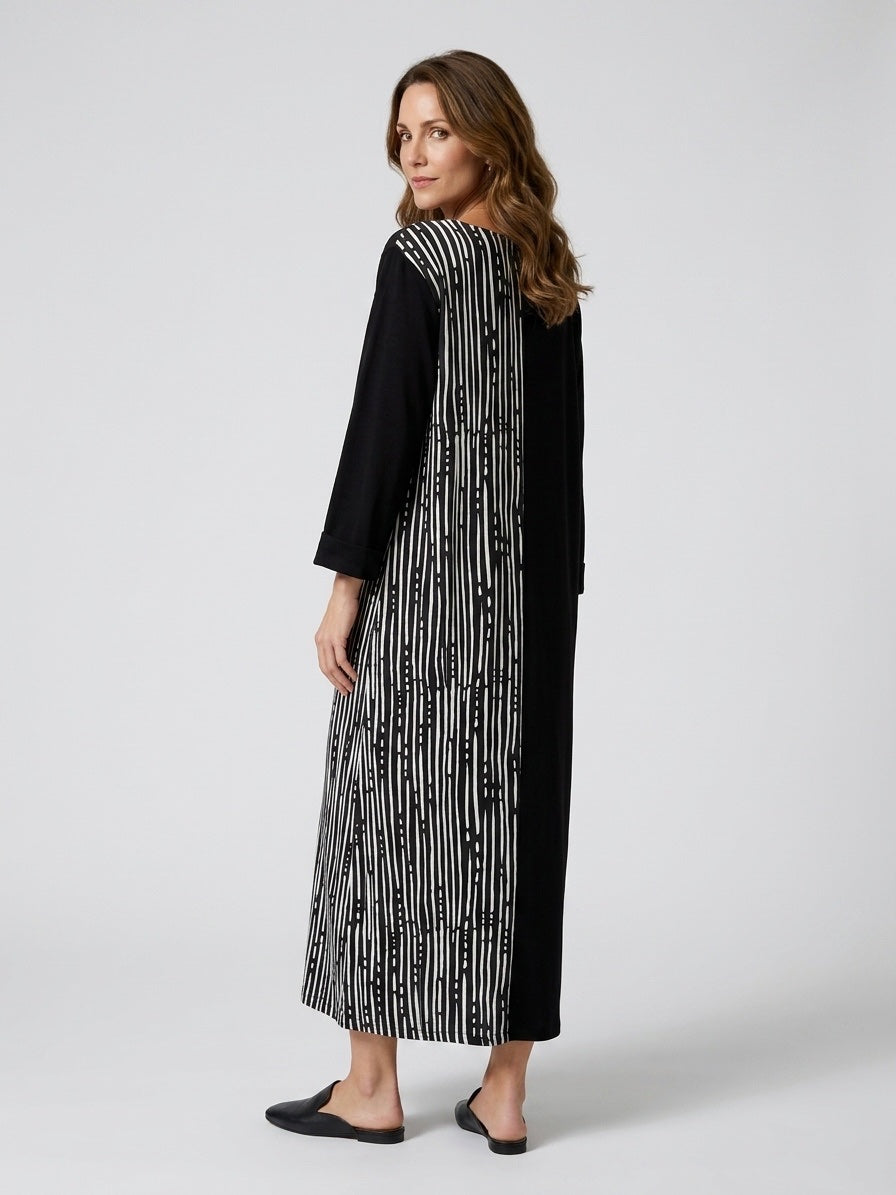Asymmetric Midi Dress with Stripe Detail - Black (2)