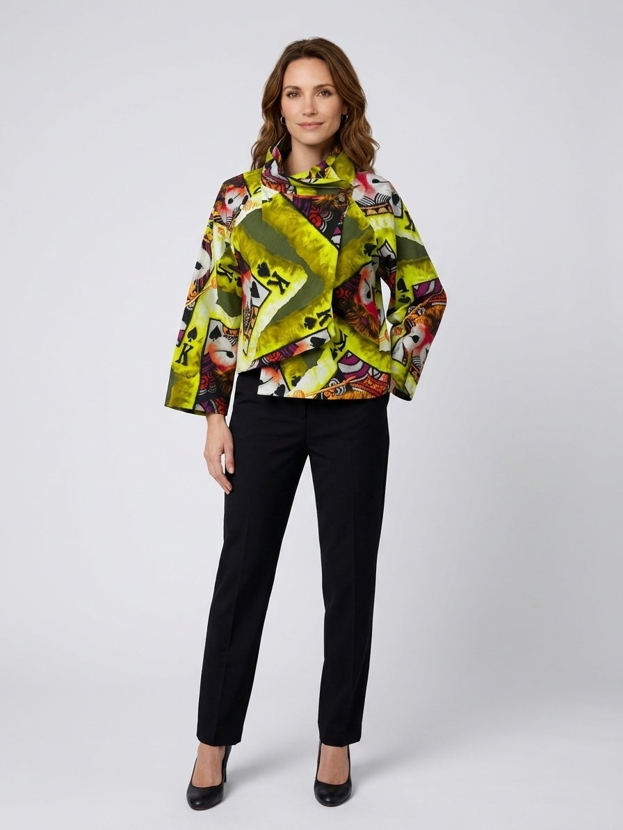 Artistic Print Asymmetric Collar Jacket - Lime